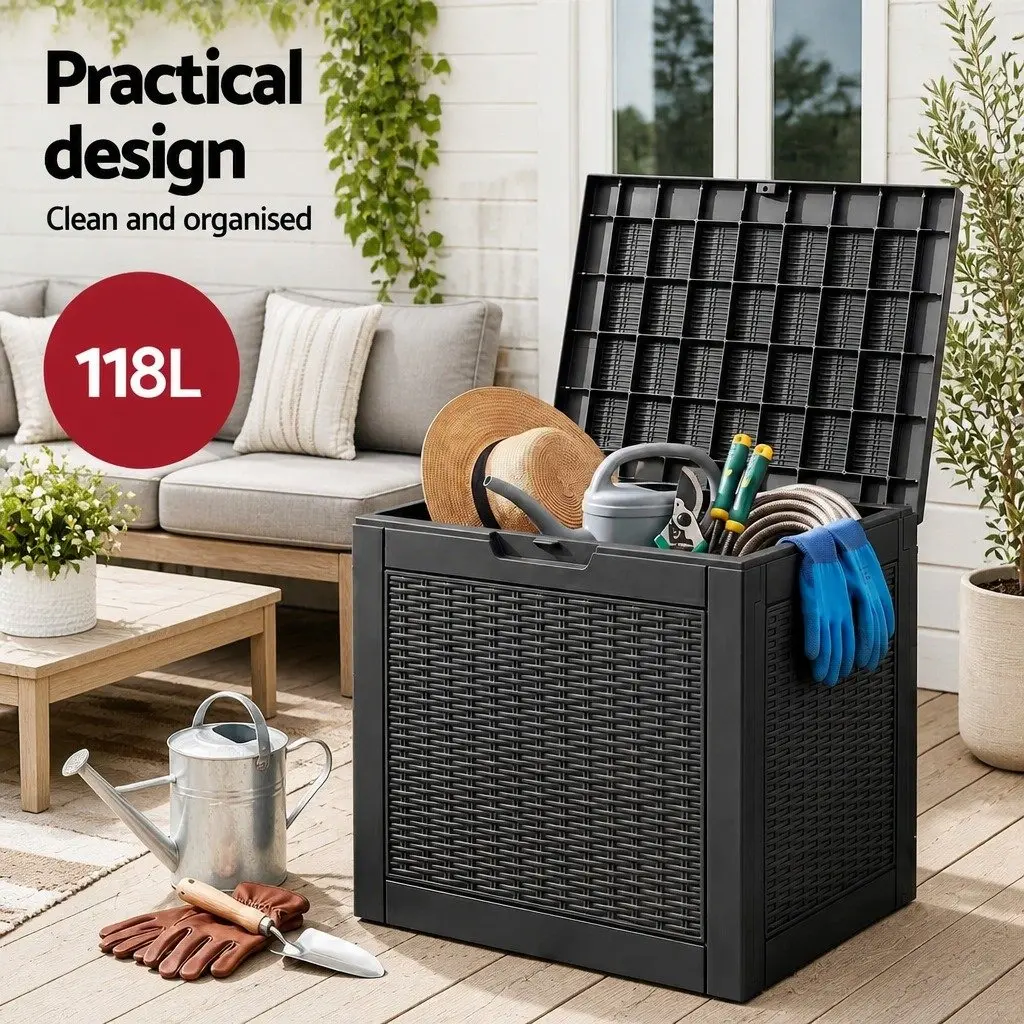 Outdoor Storage Box Black 118L Lockable Lid Rattan Texture