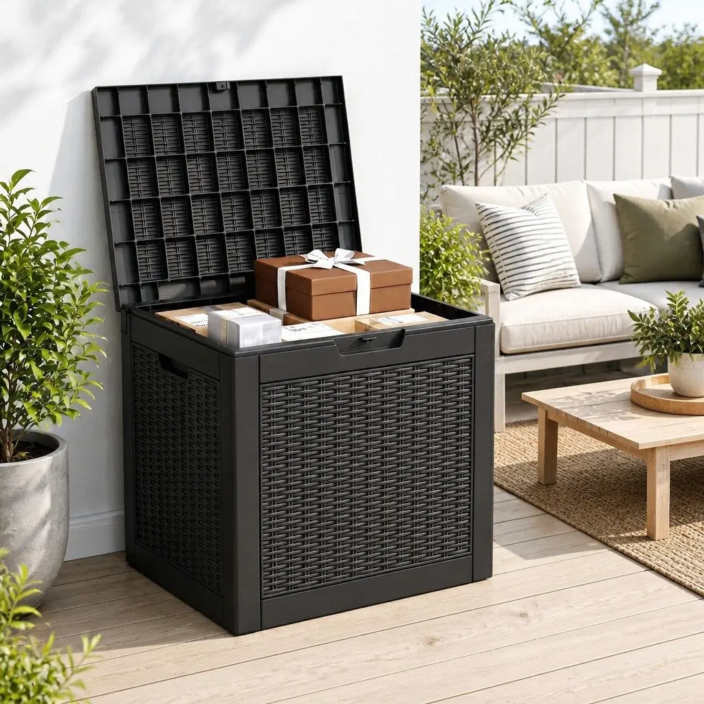 Outdoor Storage Box Black 118L Lockable Lid Rattan Texture
