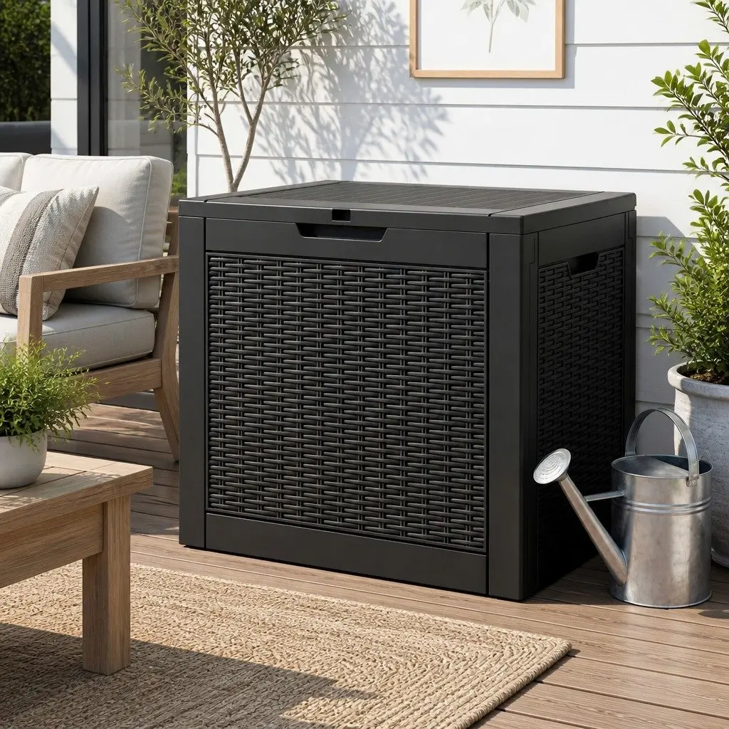 Outdoor Storage Box Black 118L Lockable Lid Rattan Texture