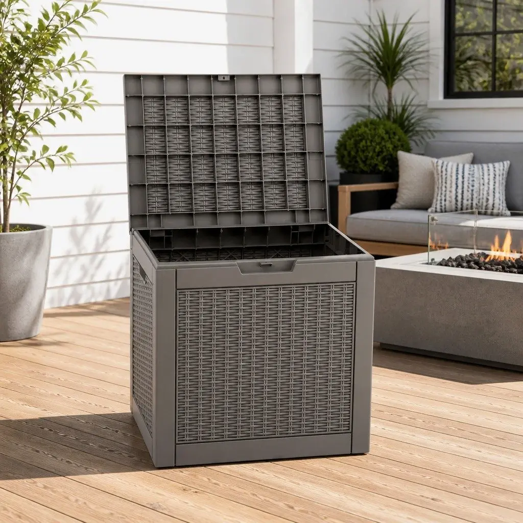 Outdoor Storage Box Brown 118L Lockable Resin Container Rattan-Texture