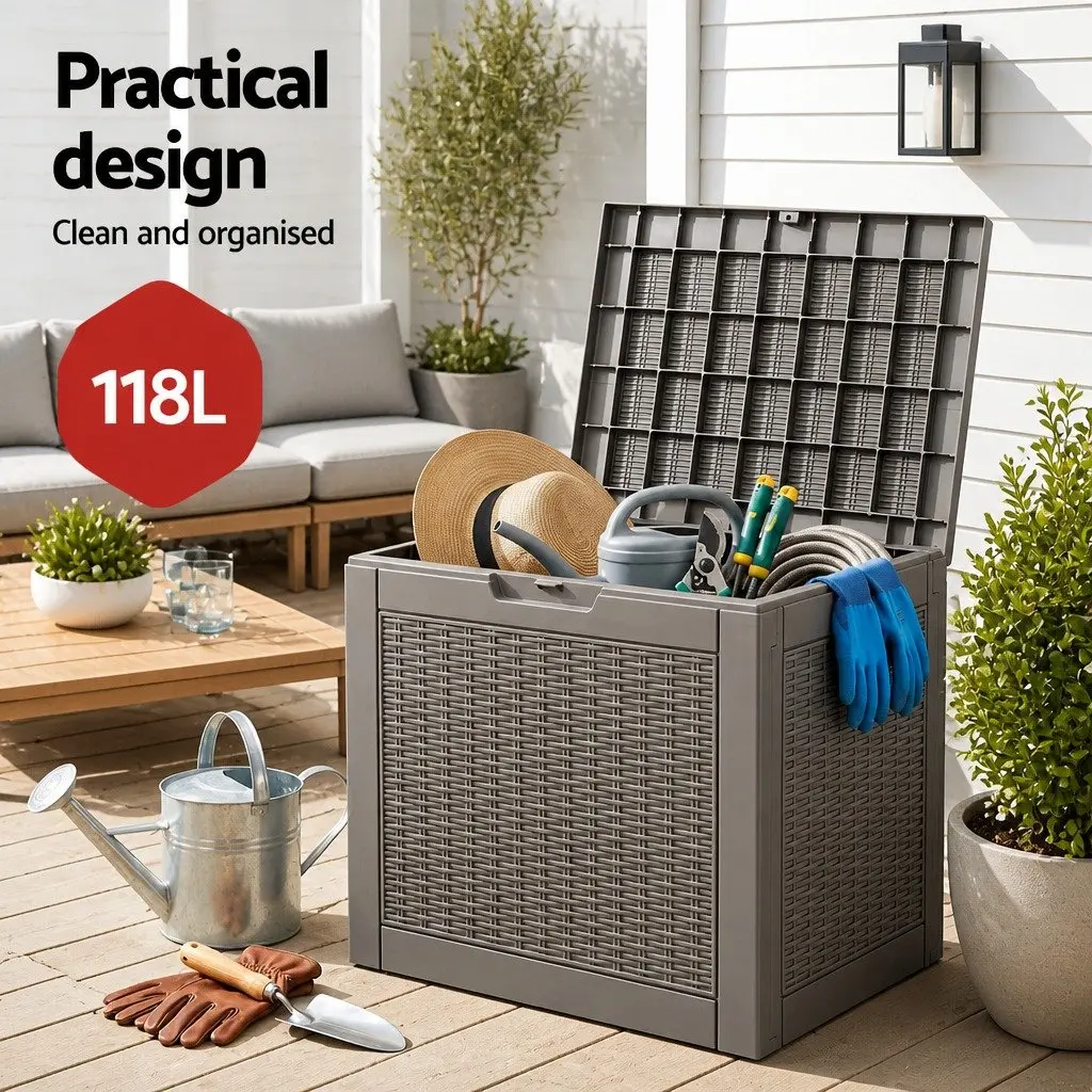 Outdoor Storage Box Brown 118L Lockable Resin Container Rattan-Texture