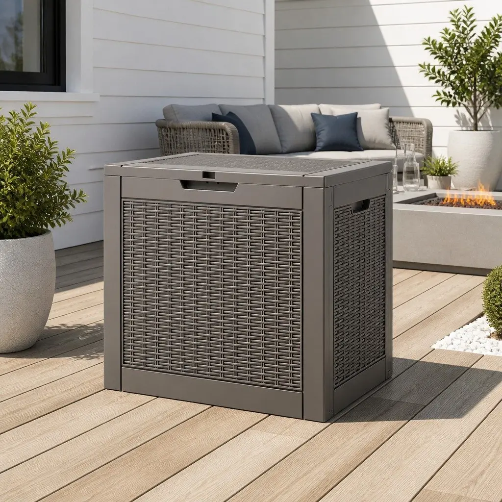 Outdoor Storage Box Brown 118L Lockable Resin Container Rattan-Texture