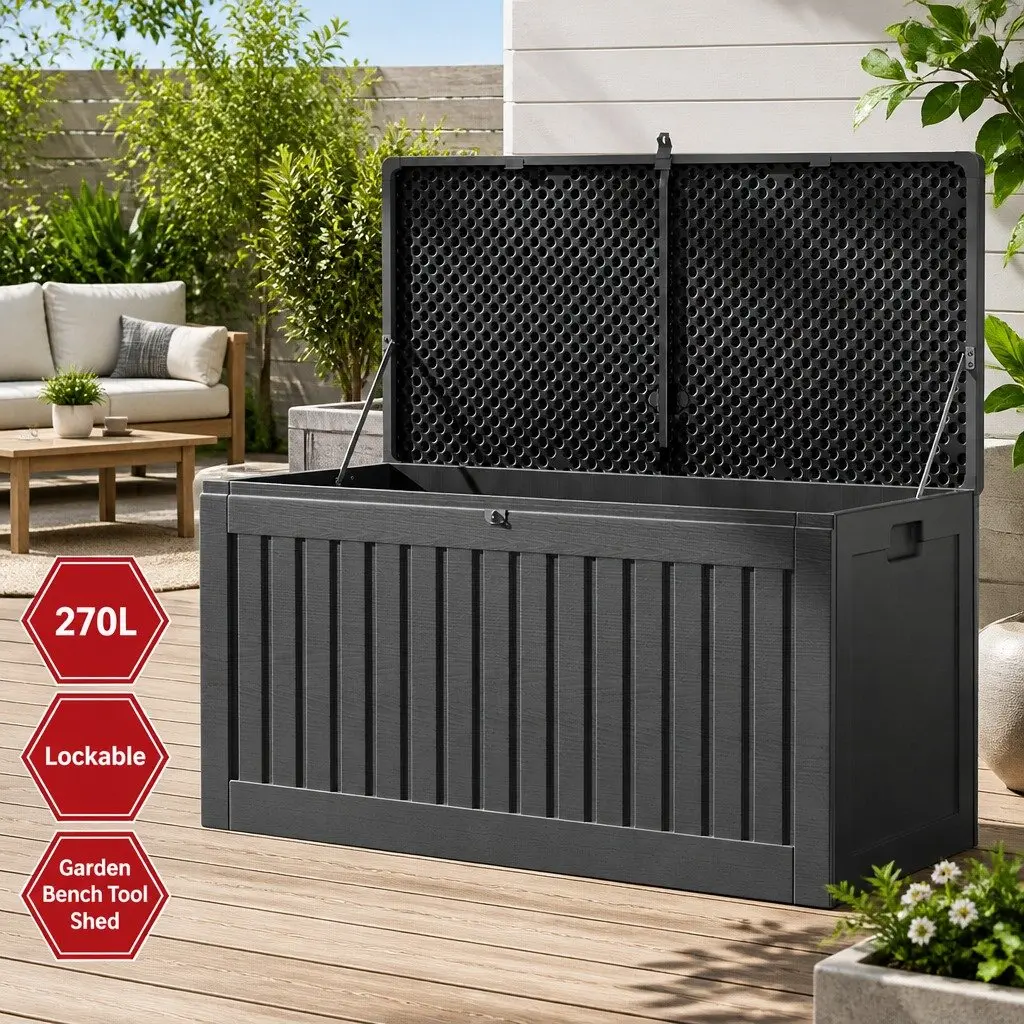 Outdoor Storage Box 270L Garden Bench Container Lockable Tool Shed Dark Grey