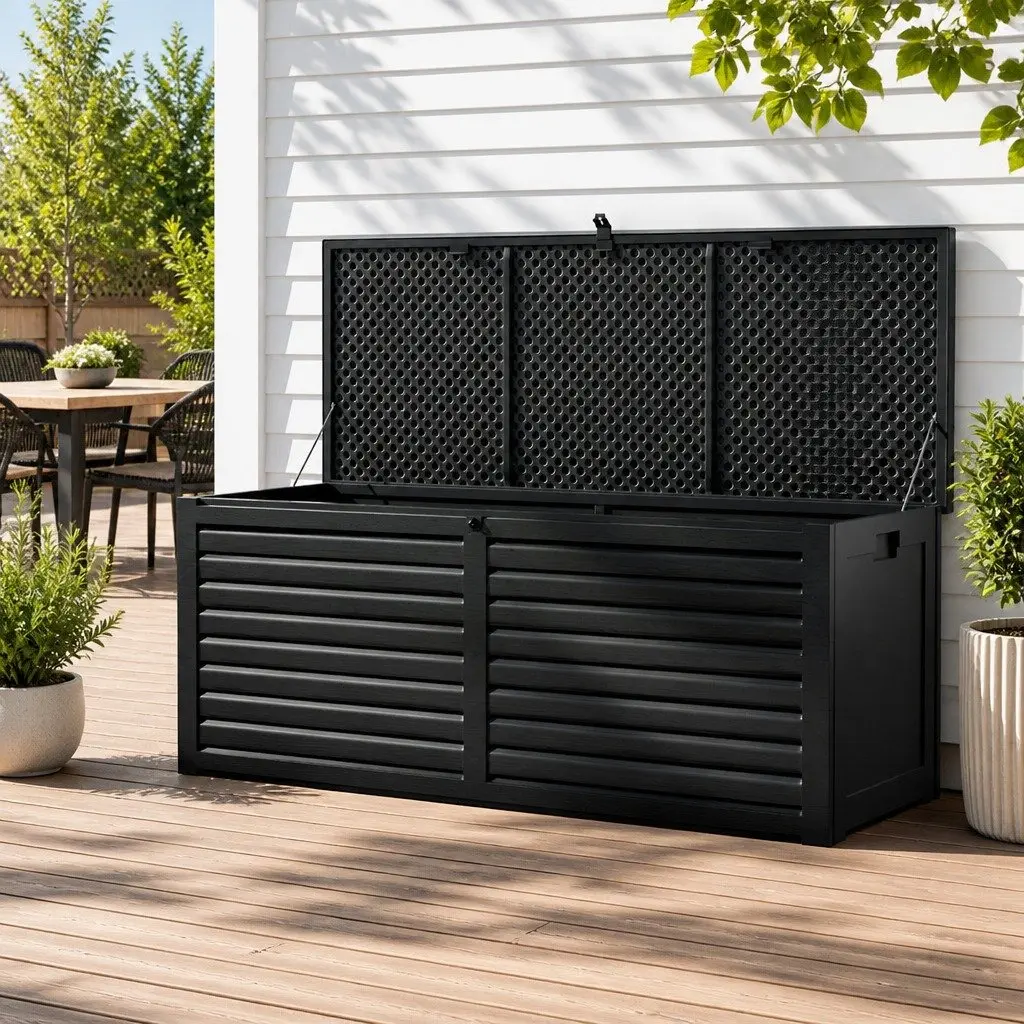 Outdoor Storage Box Black 390L Weather-resistant Lockable Garden Bench