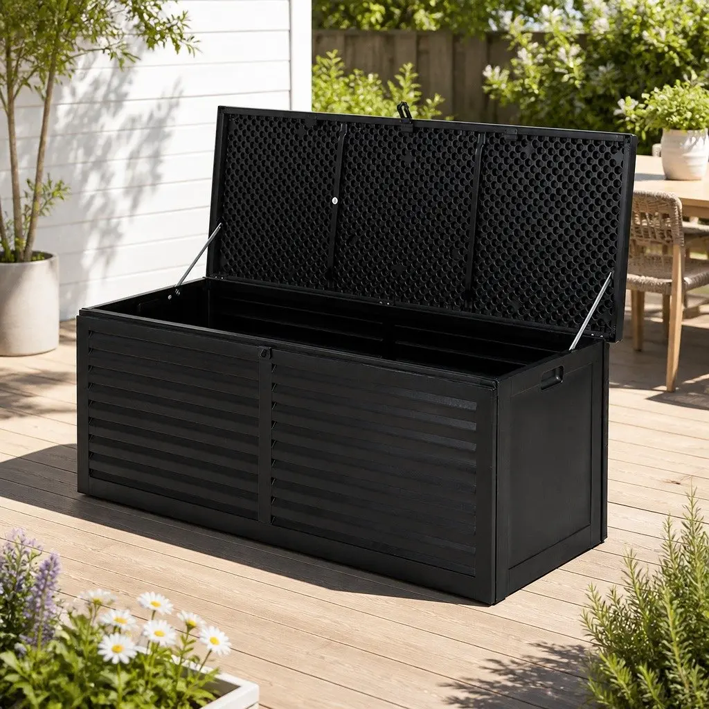 Outdoor Storage Box Black 390L Weather-resistant Lockable Garden Bench