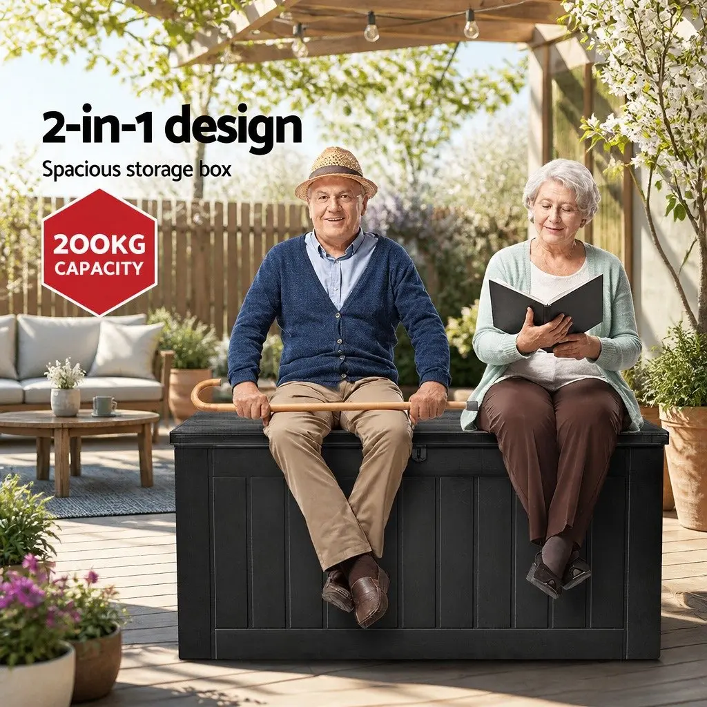 Outdoor Storage Box Black 830L Lockable Bench Container Shed Garden Tool Cabinet