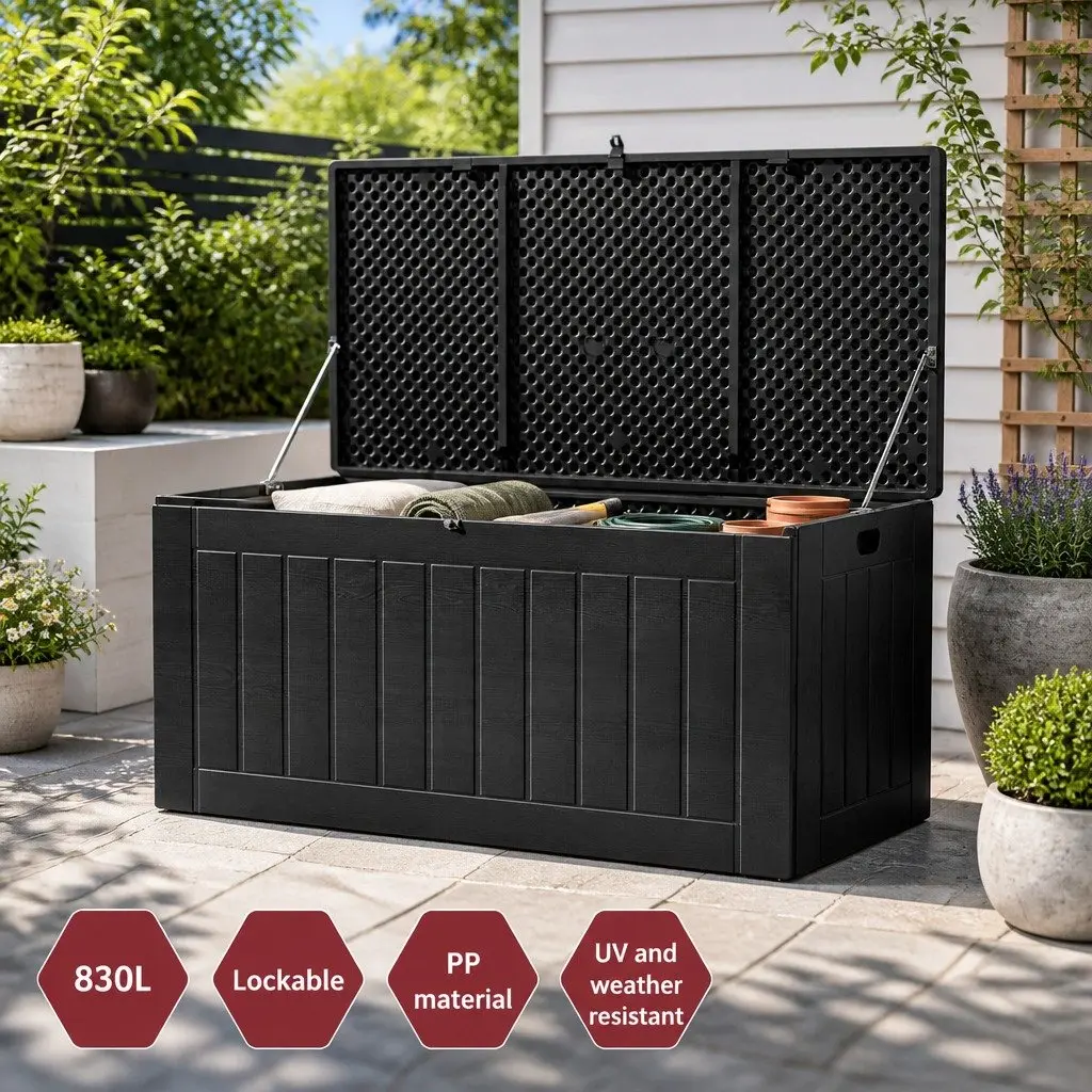 Outdoor Storage Box Black 830L Lockable Bench Container Shed Garden Tool Cabinet