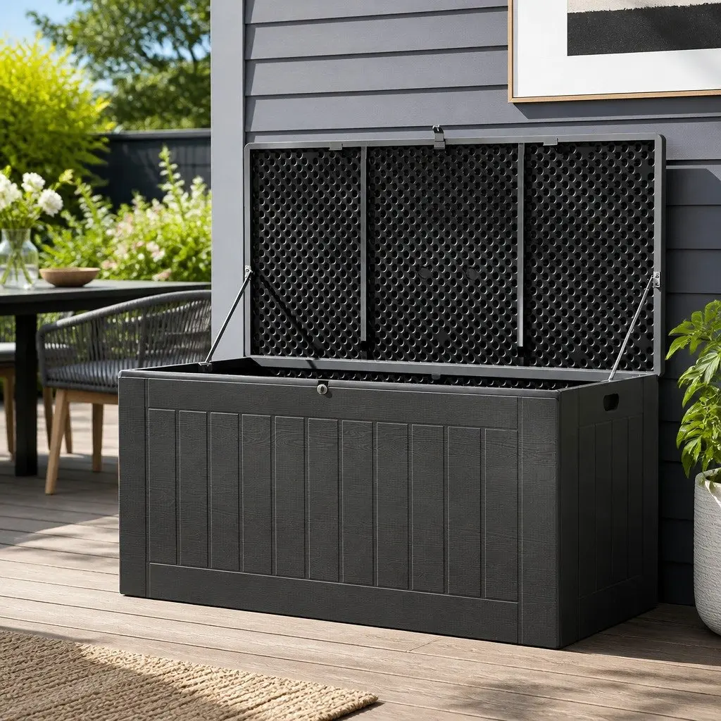 Outdoor Storage Box Black Grey 830L Lockable Bench Container Weather Resistant PP Material