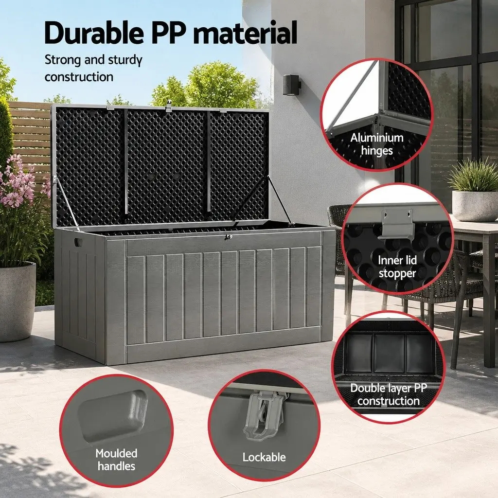 Outdoor Storage Box Black Grey 830L Lockable Bench Container Weather Resistant PP Material