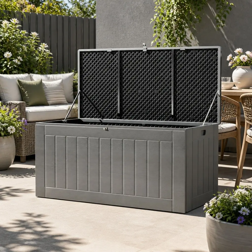 Outdoor Storage Box Black Grey 830L Lockable Bench Container Weather Resistant PP Material