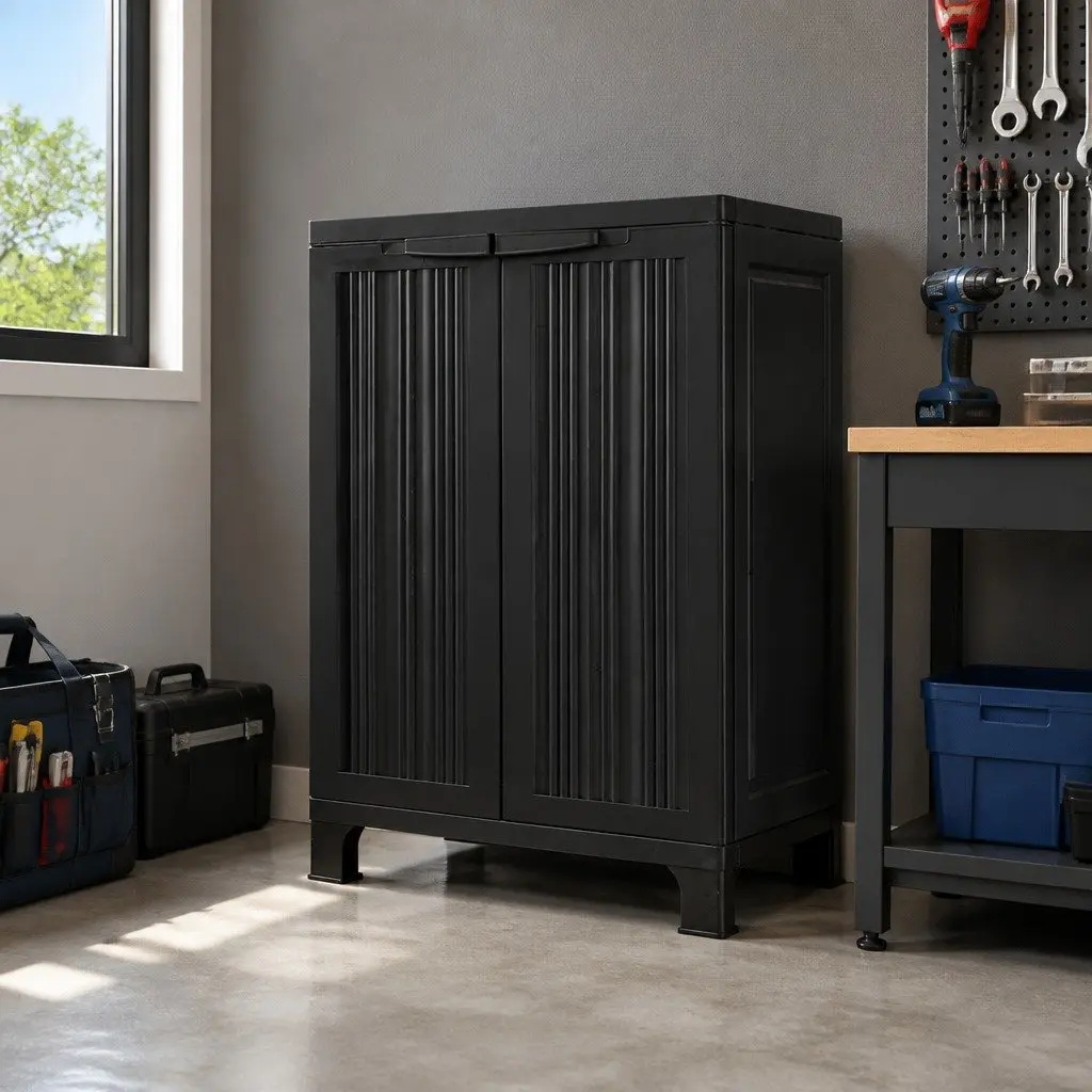 Outdoor Storage Cabinet Black 92cm Tall Lockable Weather-Resistant Adjustable Shelves