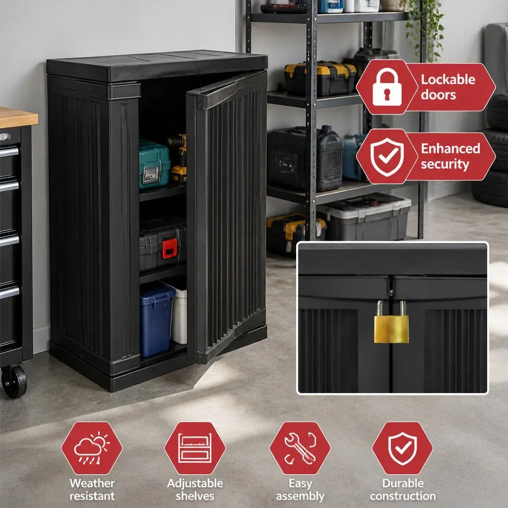 Outdoor Storage Cabinet Black 92cm Tall Lockable Weather-Resistant Adjustable Shelves