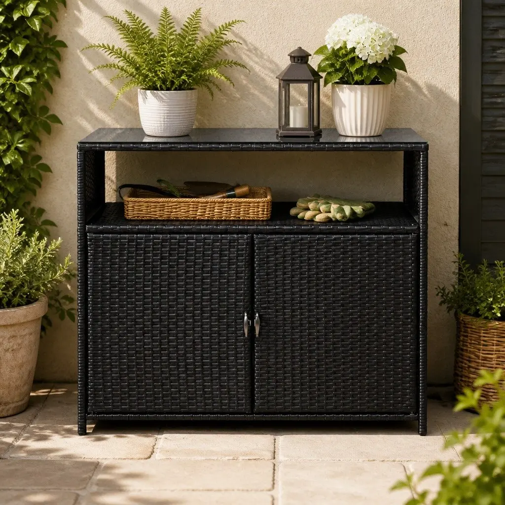 Outdoor Storage Cabinet Black Wicker Shed Box Garage Tools Chest Garden