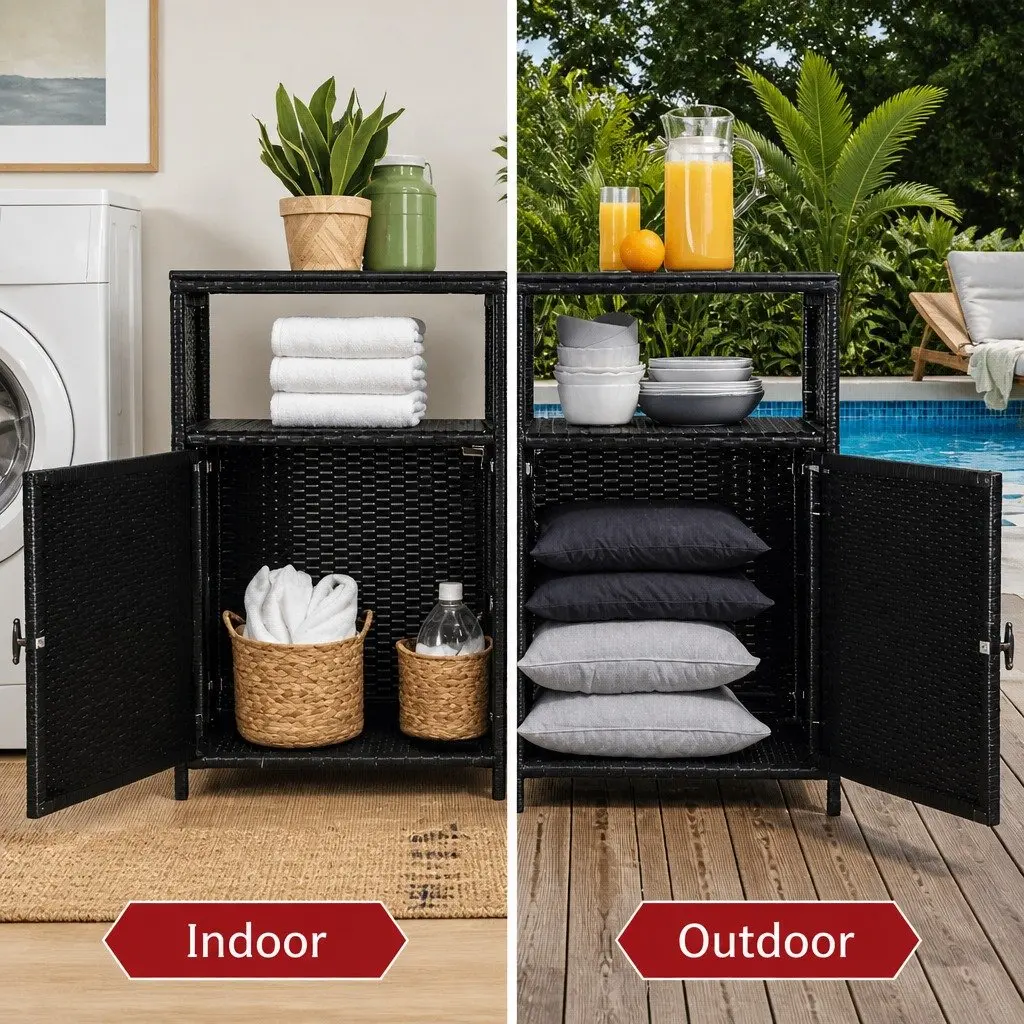 Outdoor Storage Cabinet Black Wicker Shed Box Garage Tools Chest Garden