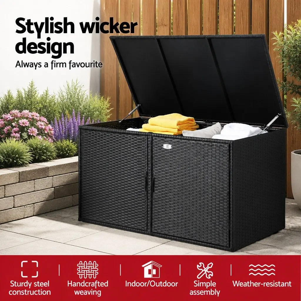 Outdoor Storage Cabinet Box Wicker Chest Deck Shelf Garden Tools Black 110.5cm