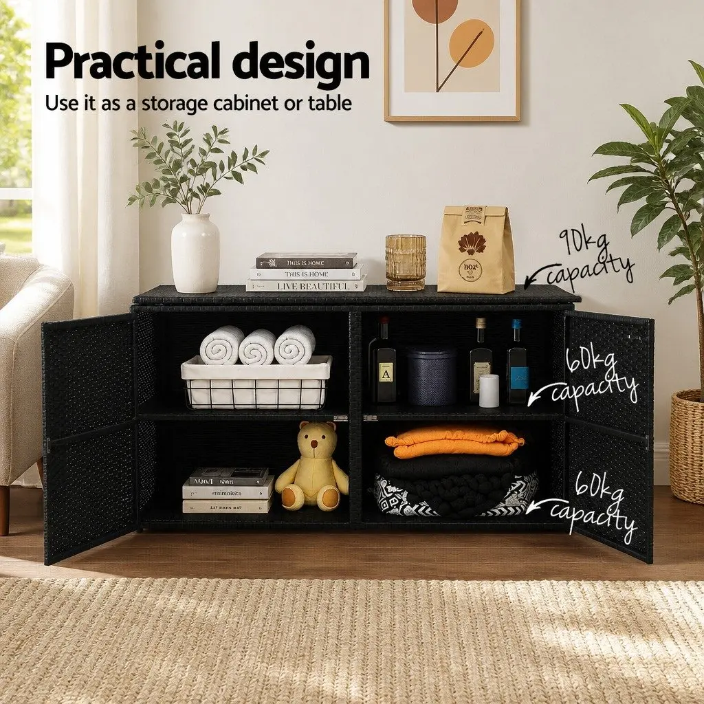 Outdoor Storage Cabinet Box Wicker Chest Deck Shelf Garden Tools Black 110.5cm