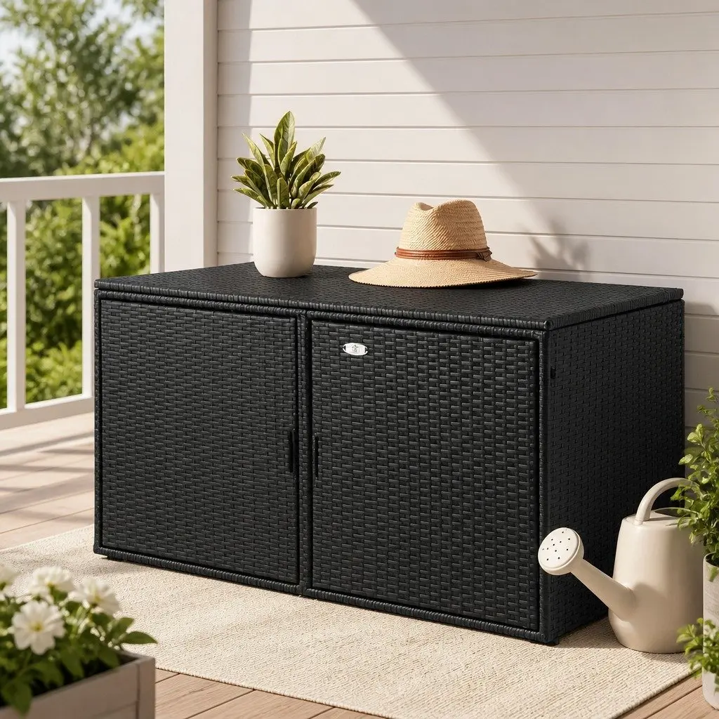 Outdoor Storage Cabinet Box Wicker Chest Deck Shelf Garden Tools Black 110.5cm