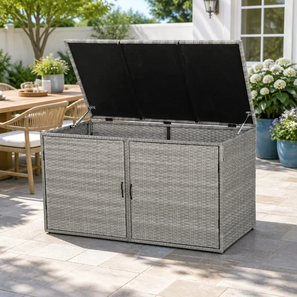 Outdoor Storage Cabinet Wicker Box Deck Chest Garden Shed Tools Organiser Grey