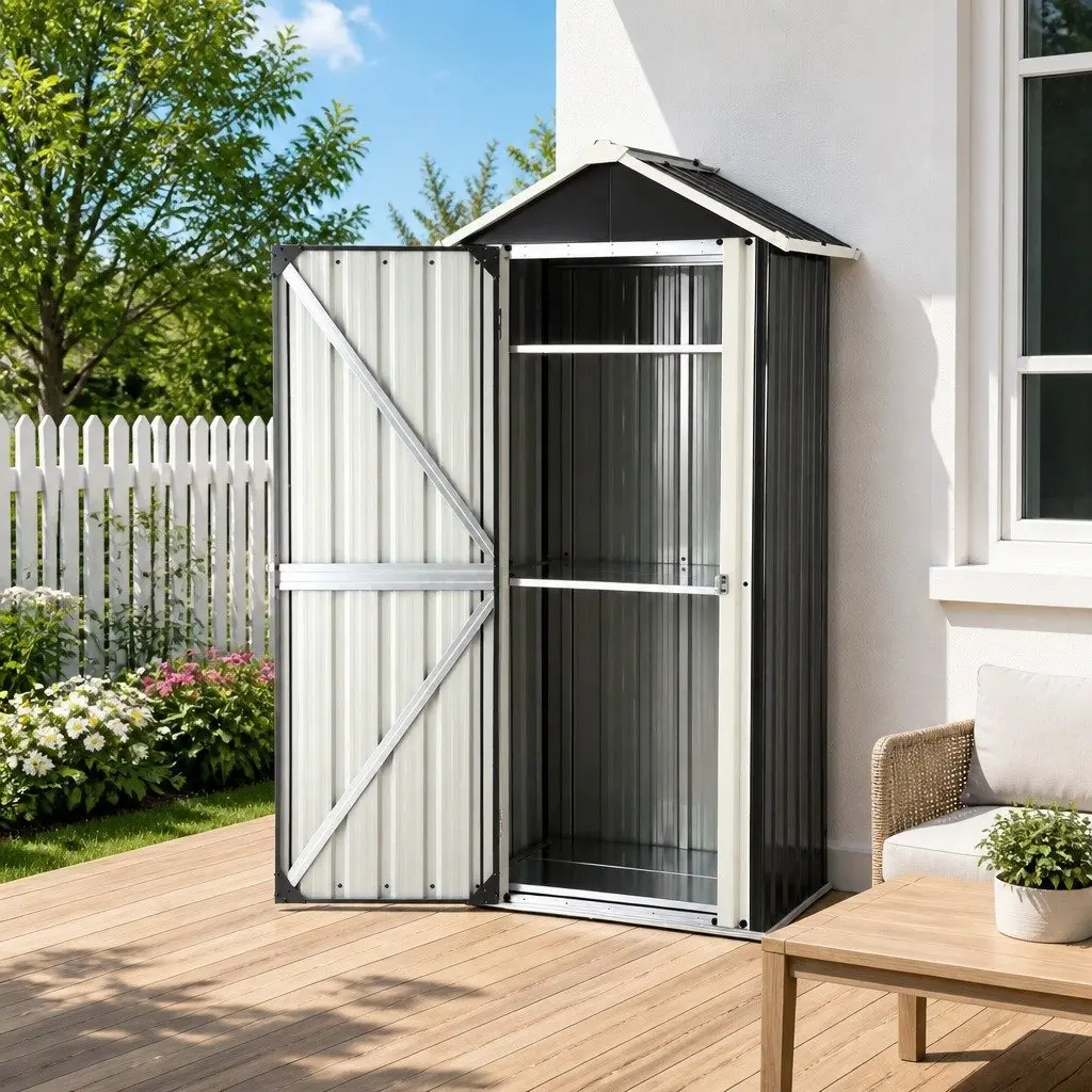 Outdoor Storage Cabinet Black Vertical Garden Shed Steel Lockable Cupboard