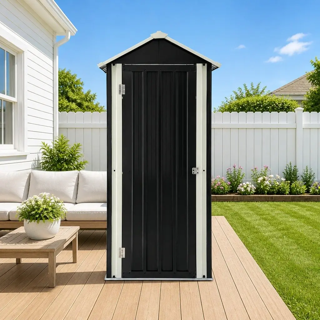 Outdoor Storage Cabinet Black Vertical Garden Shed Steel Lockable Cupboard