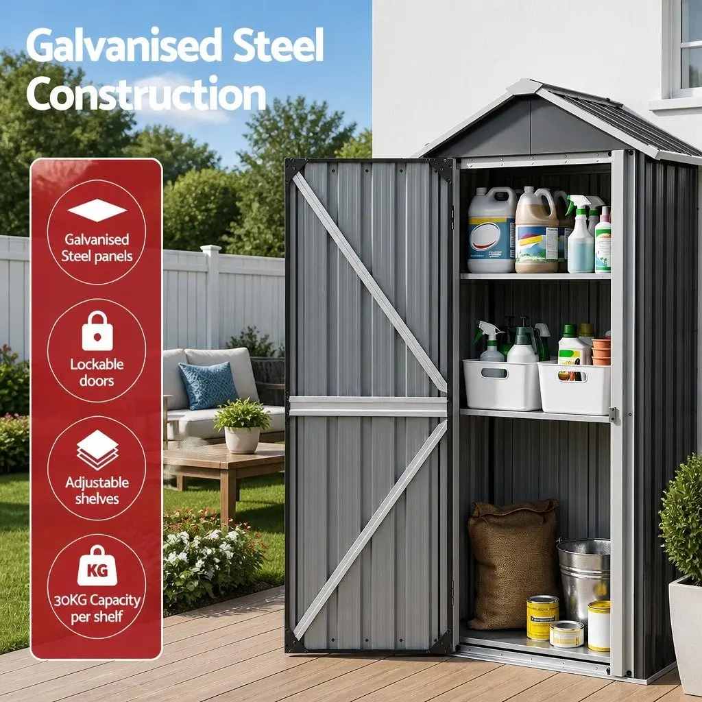 Outdoor Storage Cabinet Black Vertical Garden Shed Steel Lockable Cupboard
