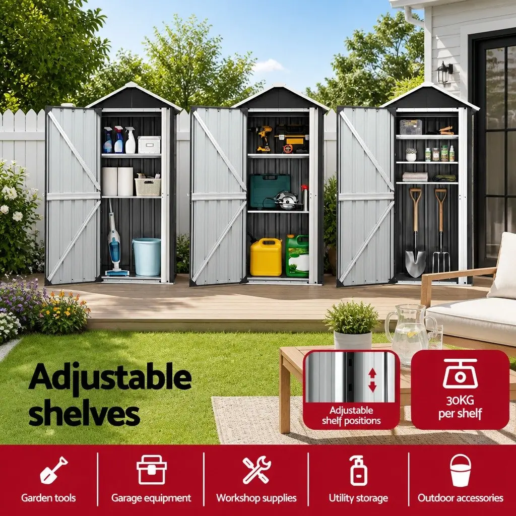Outdoor Storage Cabinet Black Vertical Garden Shed Steel Lockable Cupboard