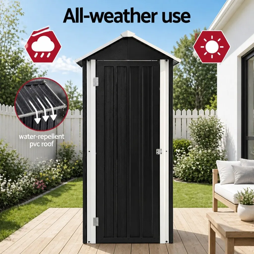 Outdoor Storage Cabinet Black Vertical Garden Shed Steel Lockable Cupboard