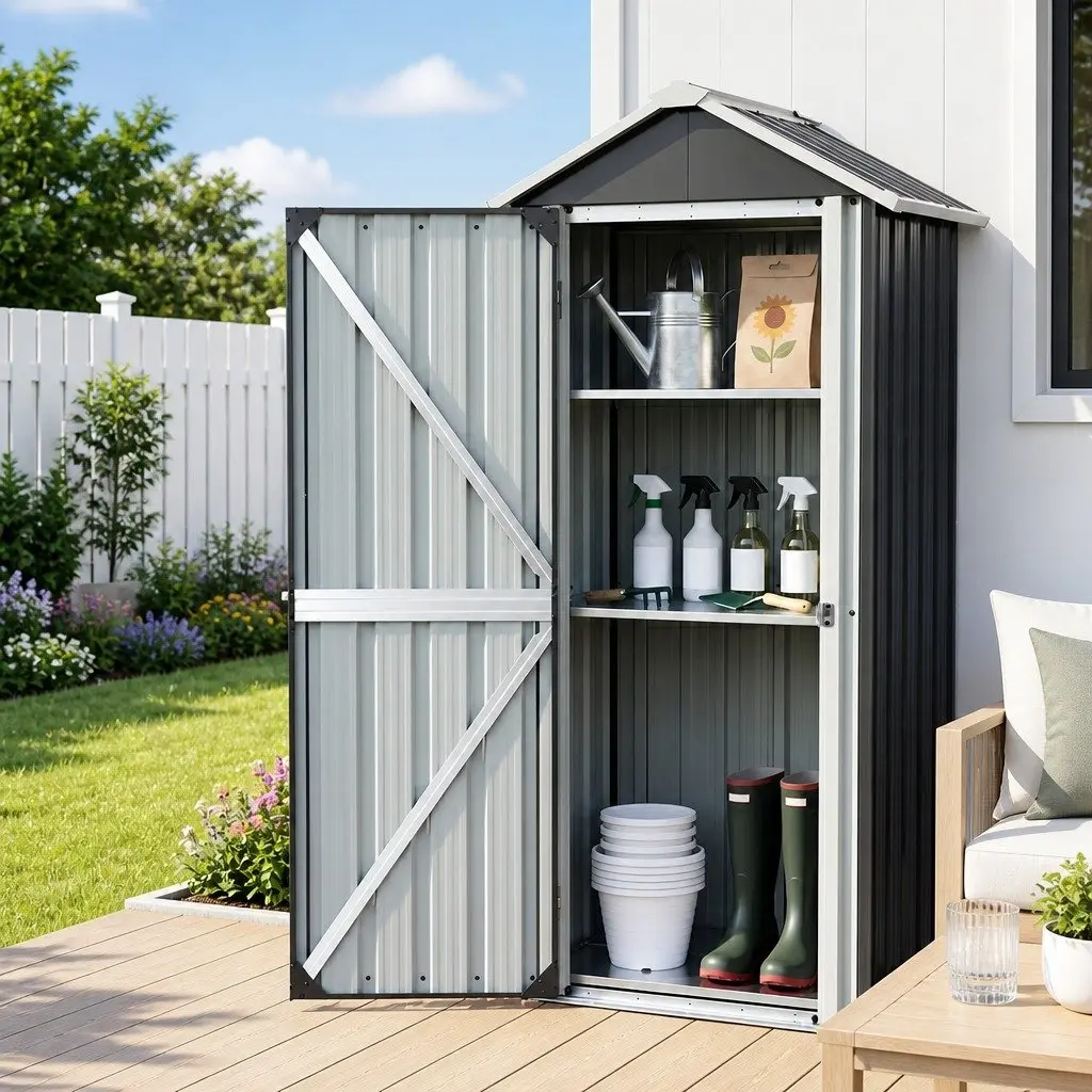 Outdoor Storage Cabinet Black Vertical Garden Shed Steel Lockable Cupboard