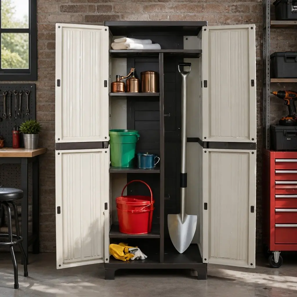 Outdoor Storage Cabinet Beige 173cm Tall Lockable Adjustable Shelves