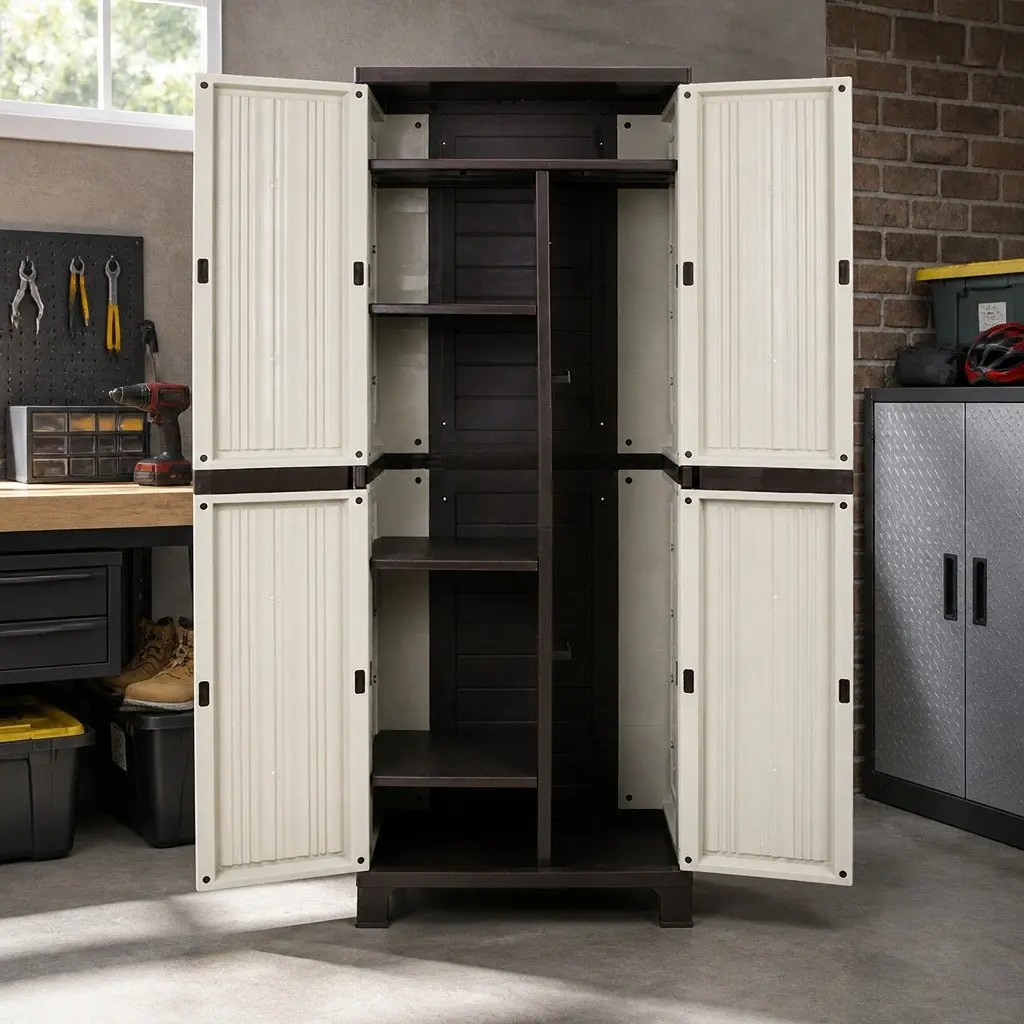 Outdoor Storage Cabinet Beige 173cm Tall Lockable Adjustable Shelves