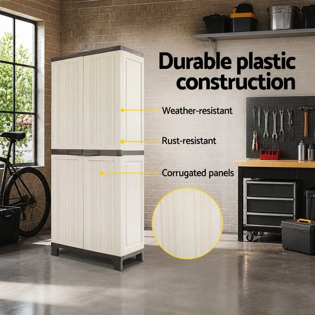 Outdoor Storage Cabinet Beige 173cm Tall Lockable Adjustable Shelves