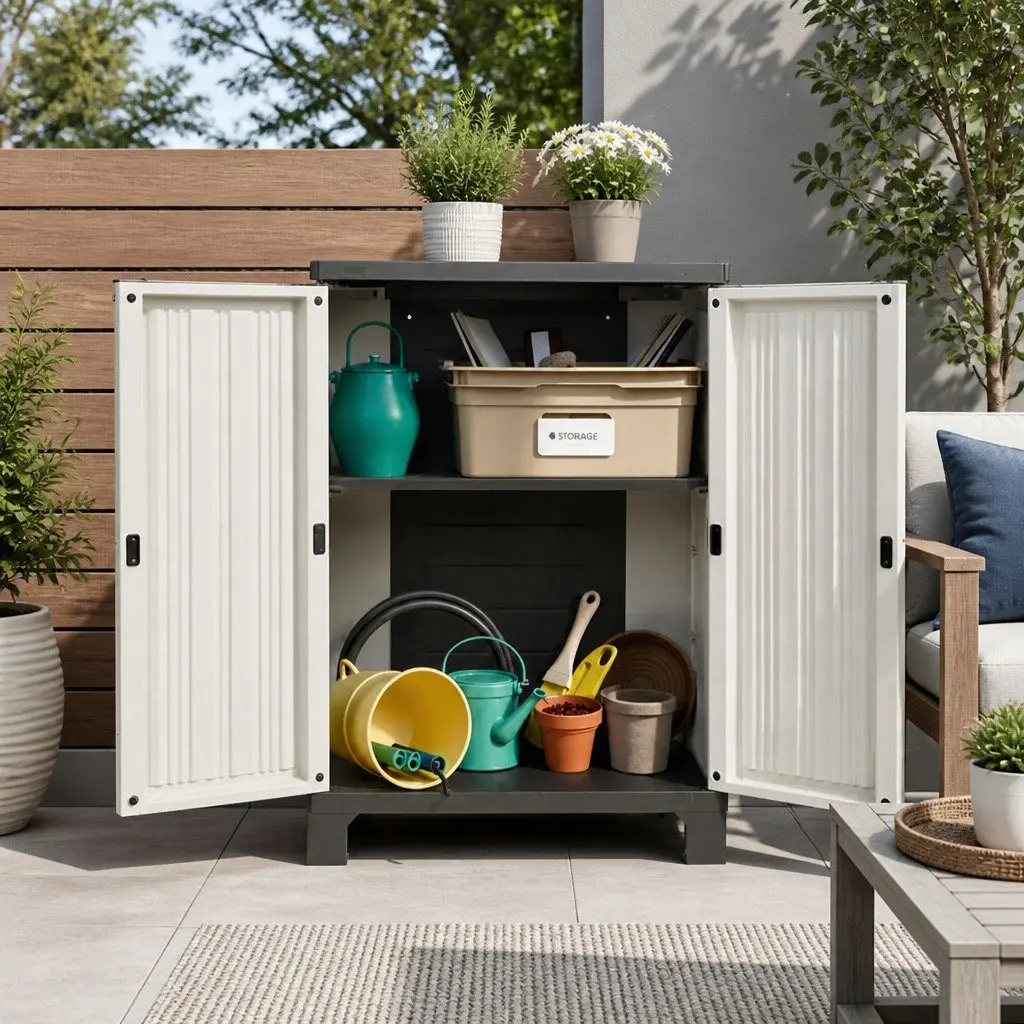 Outdoor Storage Cabinet Beige 92cm Lockable Weather-Resistant Half-Size