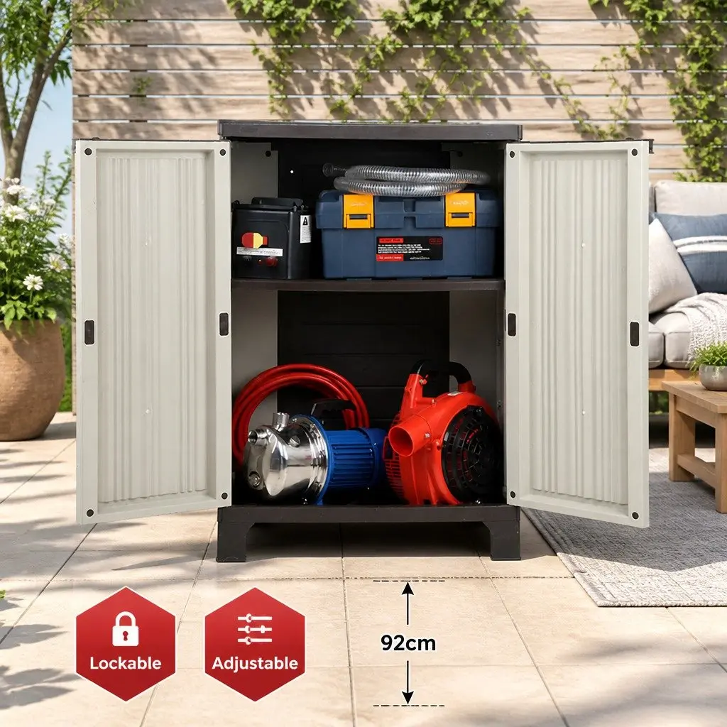 Outdoor Storage Cabinet Beige 92cm Lockable Weather-Resistant Half-Size