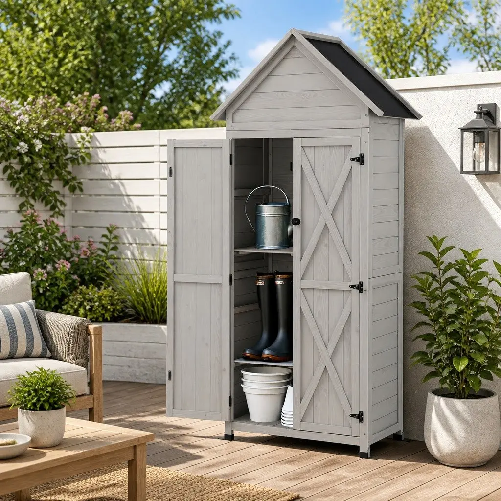 Outdoor Storage Cabinet Grey 3-Tier Lockable Tool Organizer Weather-Resistant