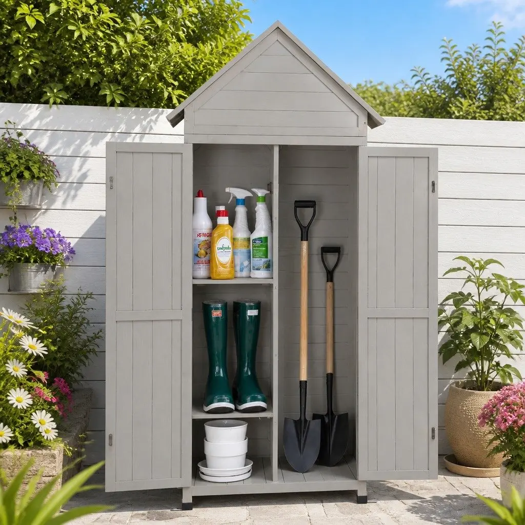 Outdoor Storage Cabinet Grey 3-Tier Lockable Tool Organizer Weather-Resistant