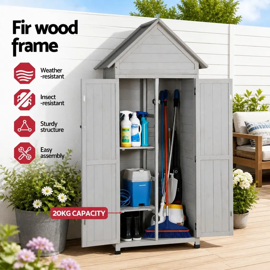 Outdoor Storage Cabinet Grey 3-Tier Lockable Tool Organizer Weather-Resistant