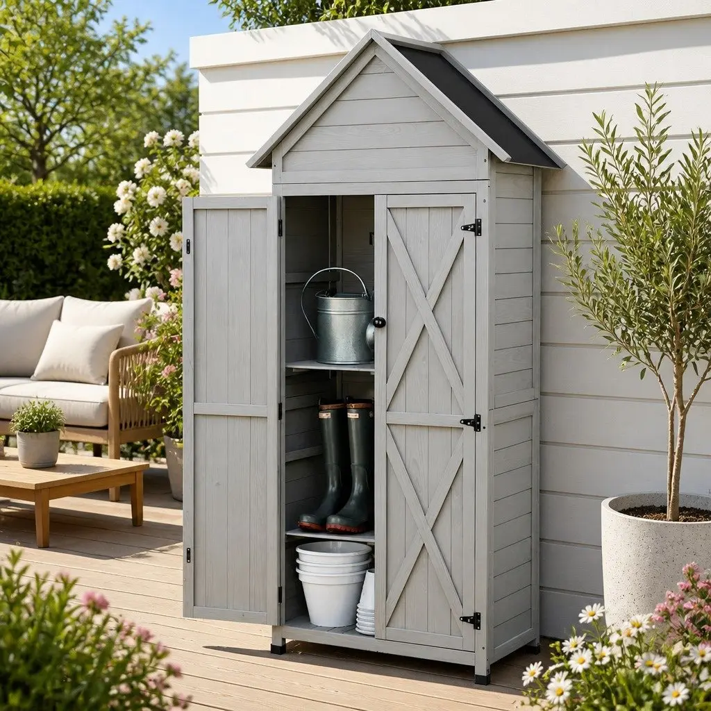Outdoor Storage Cabinet Grey 3-Tier Lockable Tool Organizer Weather-Resistant
