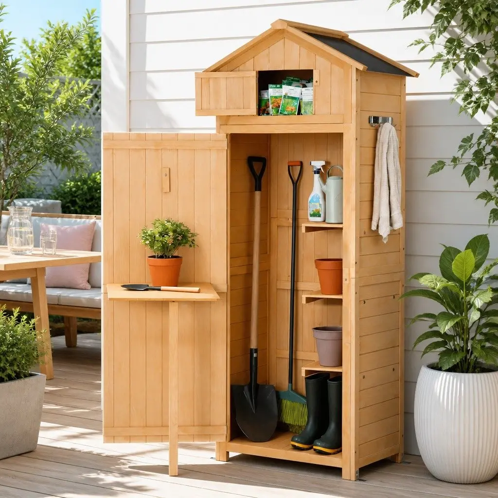 Outdoor Storage Cabinet Natural Wooden with Lockable Compartment Foldable Work Table and Removable Shelves