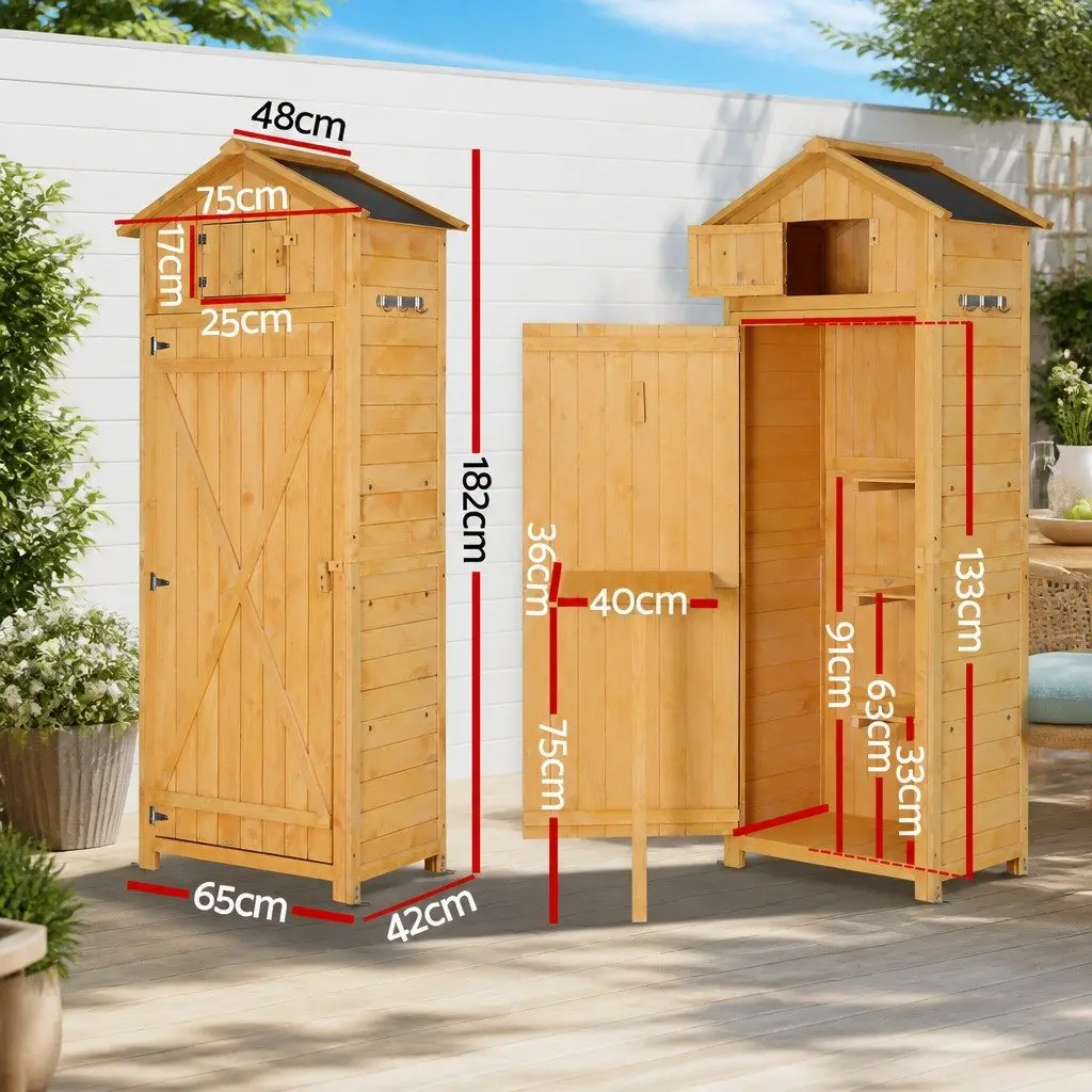 Outdoor Storage Cabinet Natural Wooden with Lockable Compartment Foldable Work Table and Removable Shelves