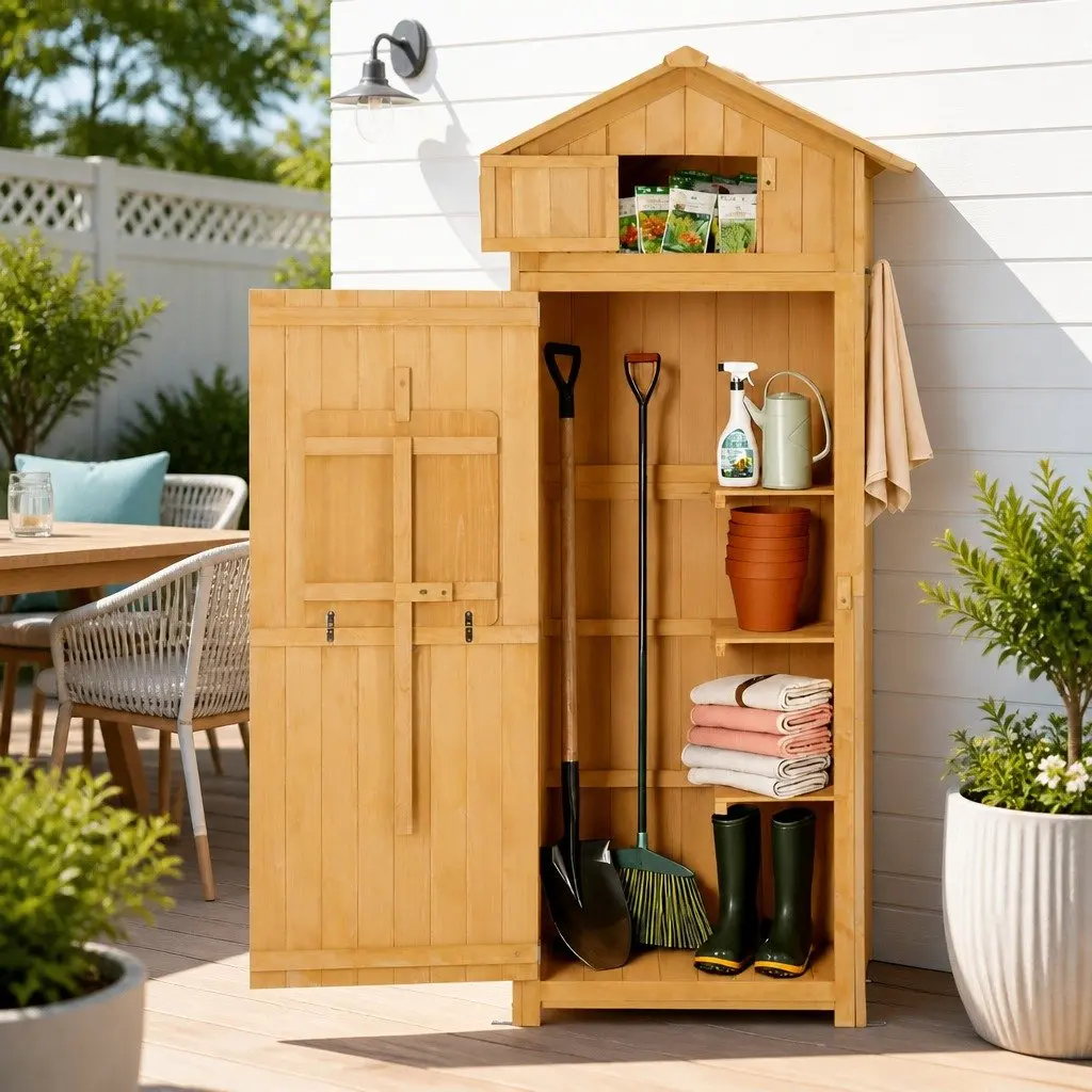 Outdoor Storage Cabinet Natural Wooden with Lockable Compartment Foldable Work Table and Removable Shelves