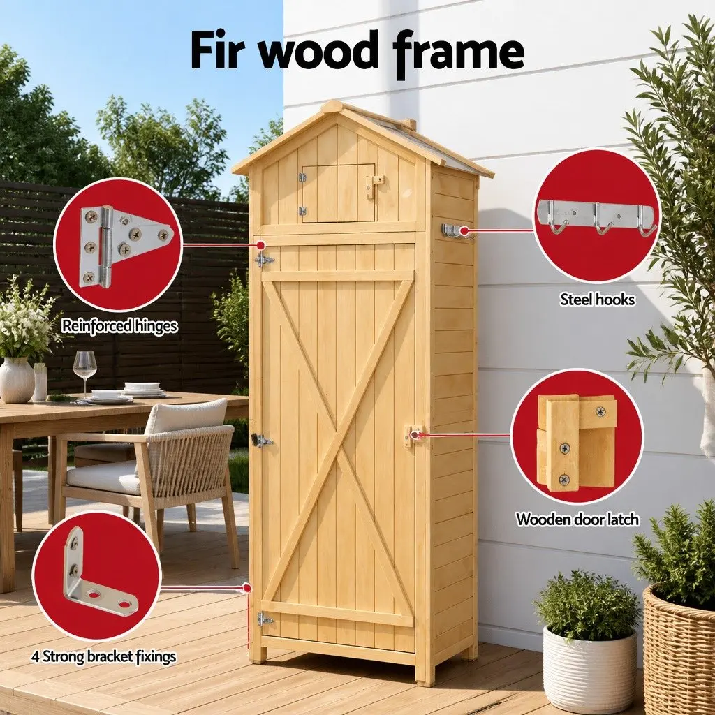 Outdoor Storage Cabinet Natural Wooden with Lockable Compartment Foldable Work Table and Removable Shelves