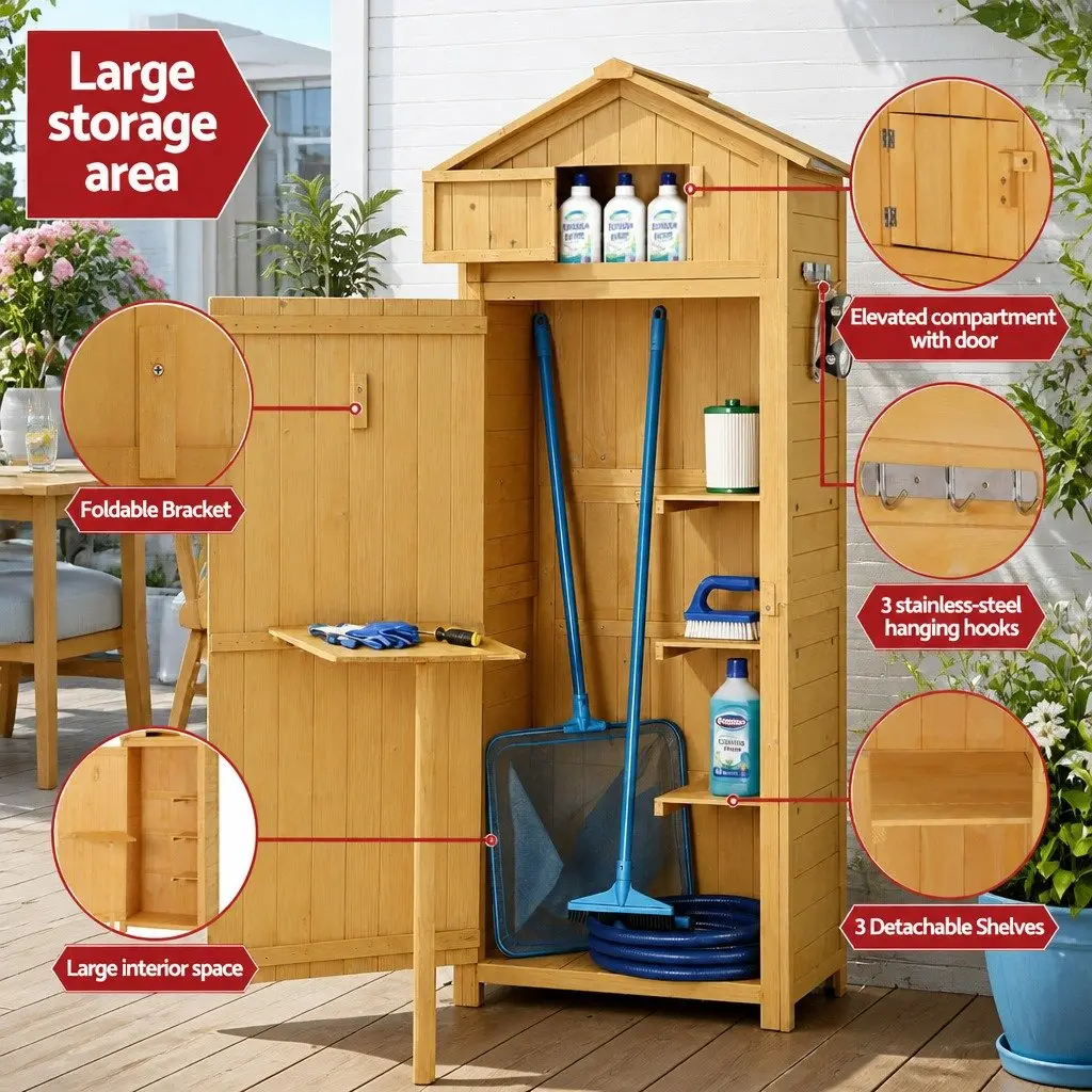 Outdoor Storage Cabinet Natural Wooden with Lockable Compartment Foldable Work Table and Removable Shelves