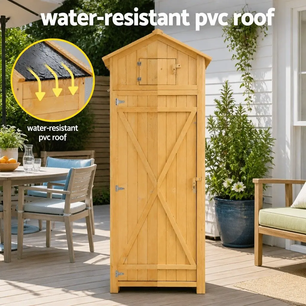 Outdoor Storage Cabinet Natural Wooden with Lockable Compartment Foldable Work Table and Removable Shelves