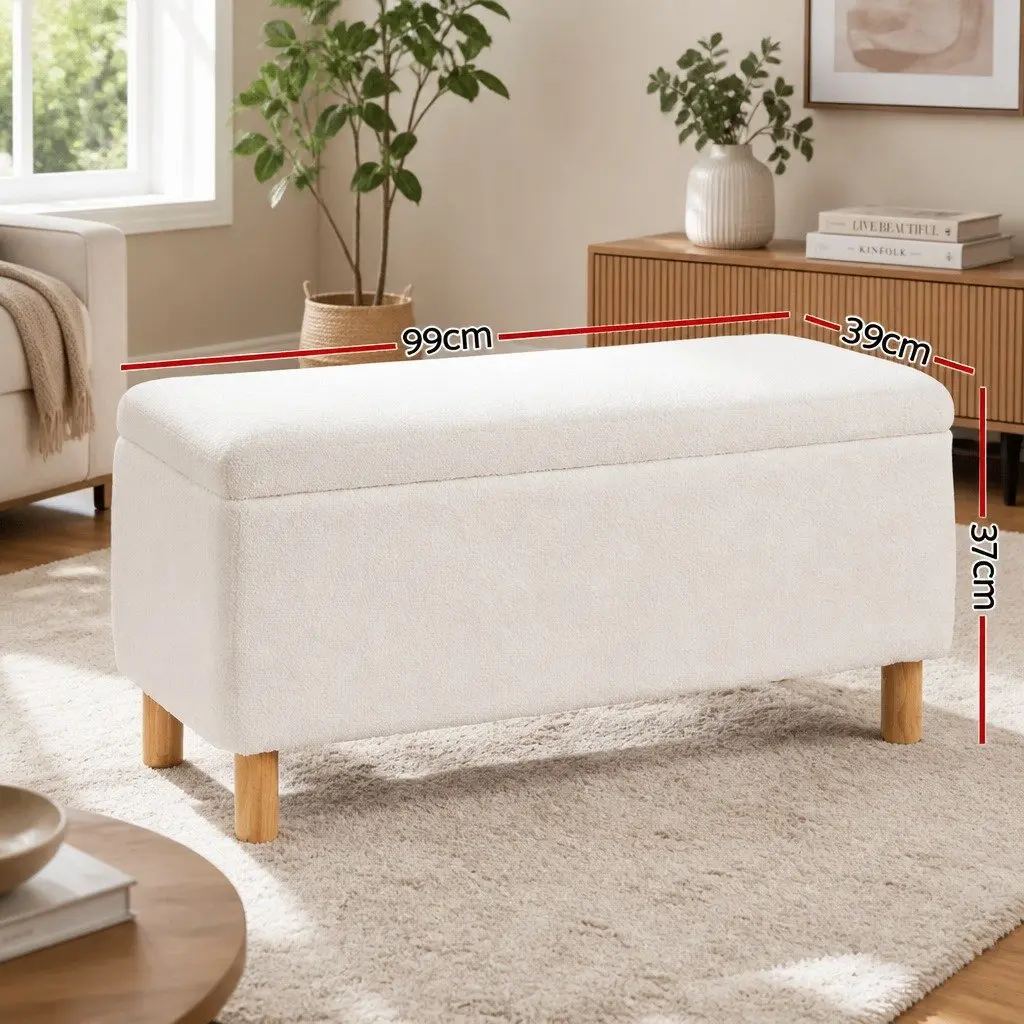 Storage Ottoman Blanket Box 99cm White Upholstered Boucle Fabric Footstool Seat