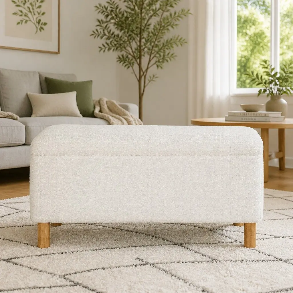 Storage Ottoman Blanket Box 99cm White Upholstered Boucle Fabric Footstool Seat