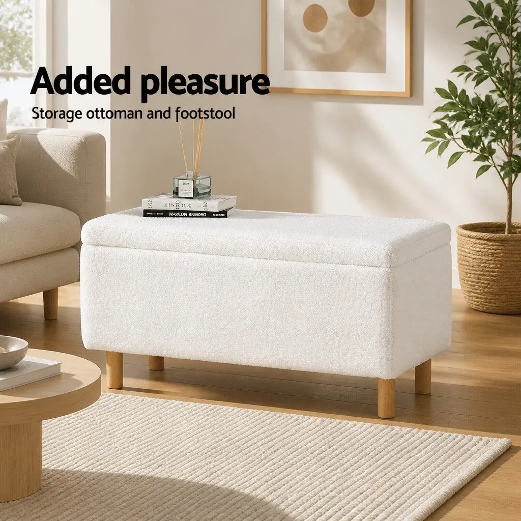 Storage Ottoman Blanket Box 99cm White Upholstered Boucle Fabric Footstool Seat