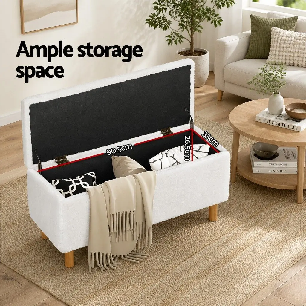 Storage Ottoman Blanket Box 99cm White Upholstered Boucle Fabric Footstool Seat