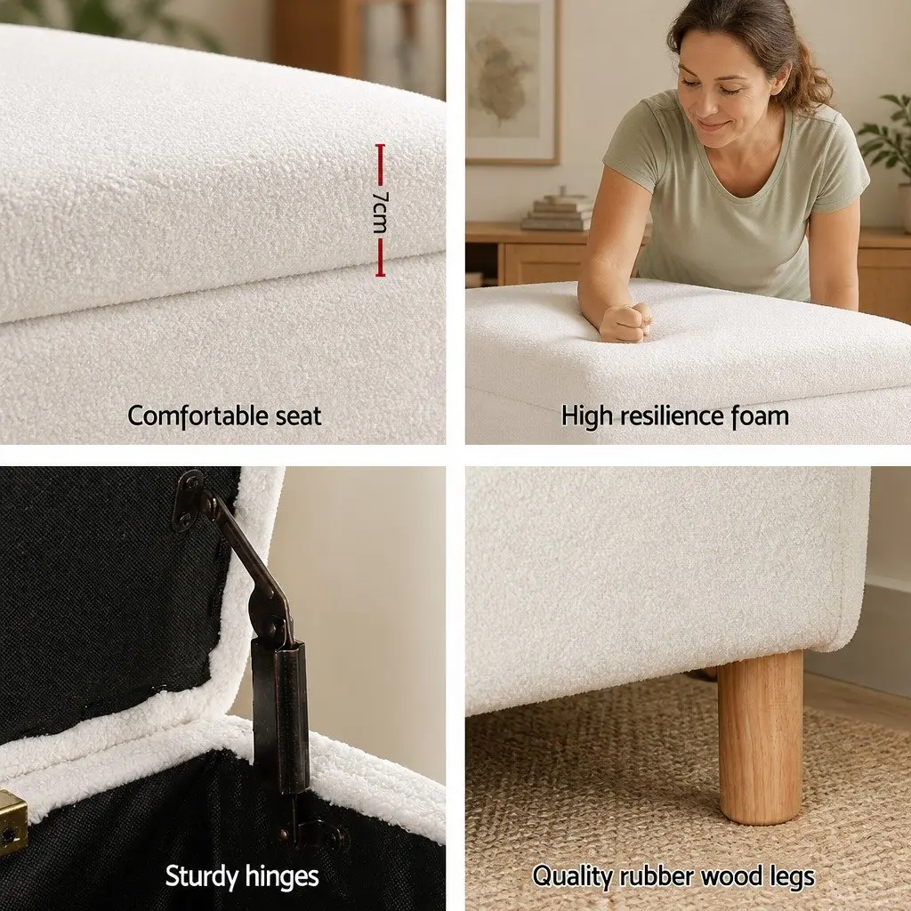 Storage Ottoman Blanket Box 99cm White Upholstered Boucle Fabric Footstool Seat