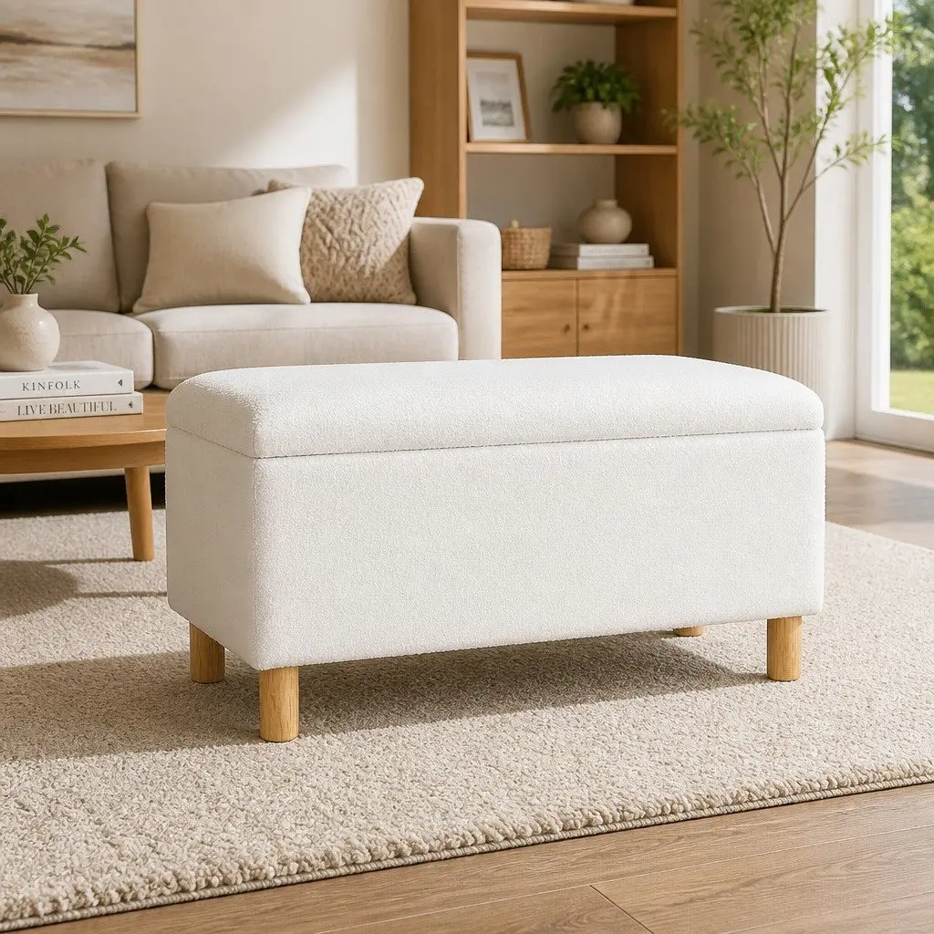 Storage Ottoman Blanket Box 99cm White Upholstered Boucle Fabric Footstool Seat