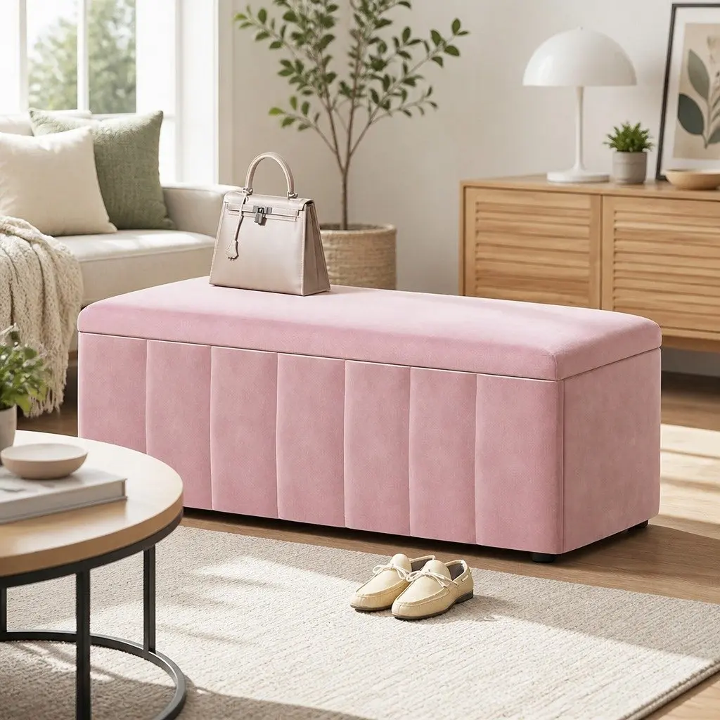Storage Ottoman Blanket Box 103cm Pink Velvet Lift Top Bench Furniture